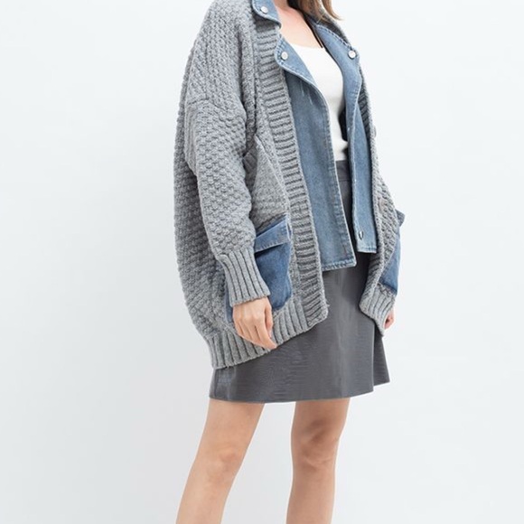 Oversized Denim Jacket/Knitted Cardigan Sweater Coat, Streetwear, Women’s Sz M - Picture 5 of 9